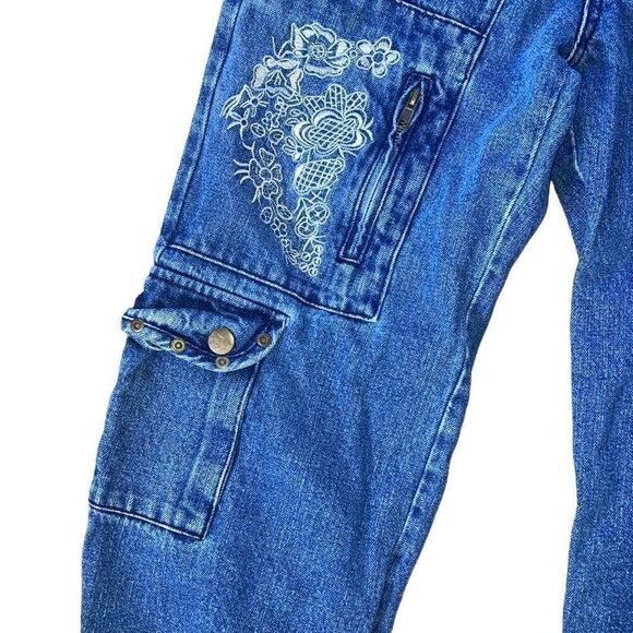 Y2K Size 2 Venus Cropped Utility Denim Jean Cargos 100% Cotton Embroidery Detail - Picture 7 of 8